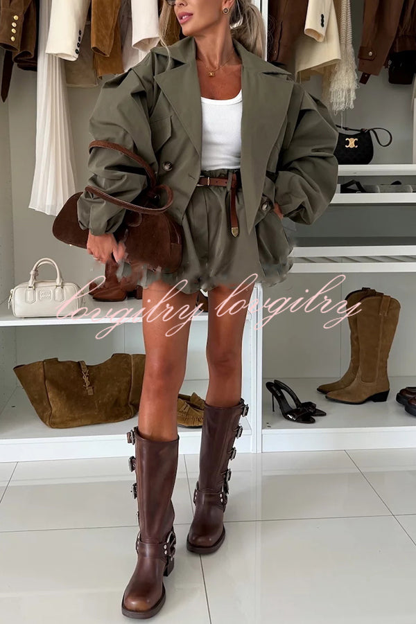 Fashion Style Button Long Balloon Sleeve Pocket Lapel Casual Bomber Jacket