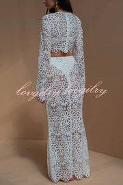 Balmy Summers Crochet Lace Floral Pattern Elastic Waist Fishtail Vacation Maxi Skirt