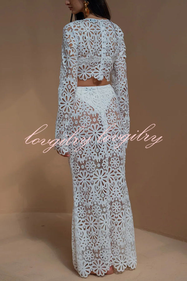 Balmy Summers Crochet Lace Floral Pattern Elastic Waist Fishtail Vacation Maxi Skirt