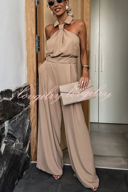 Fashionable Unique Look Halter Shirt Collar Wide Leg Jumpsuit