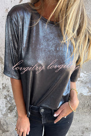 Metallic Solid Color Round Neck Short-sleeved Loose T-shirt