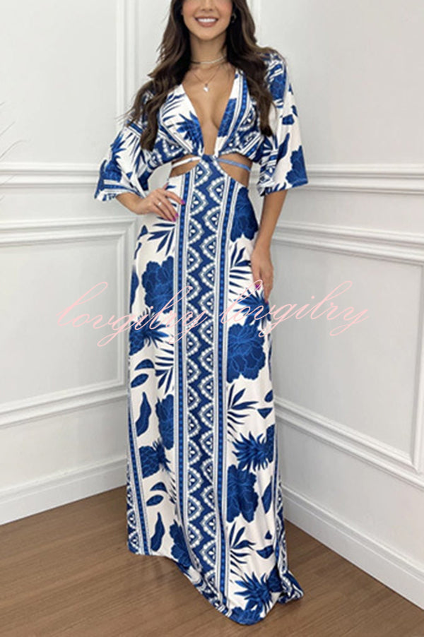 Wilma Unique Print Cutout Elastic Waist Tie-up Kimono Sleeve Maxi Dress