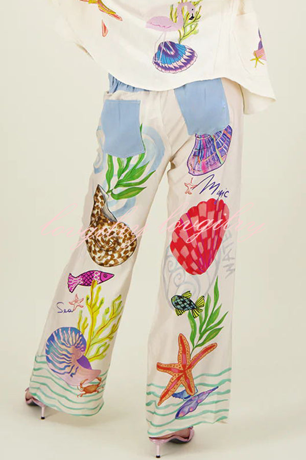 Dream Ocean Satin Unique Print Back Elastic Waist Pocket Wide Leg Pants