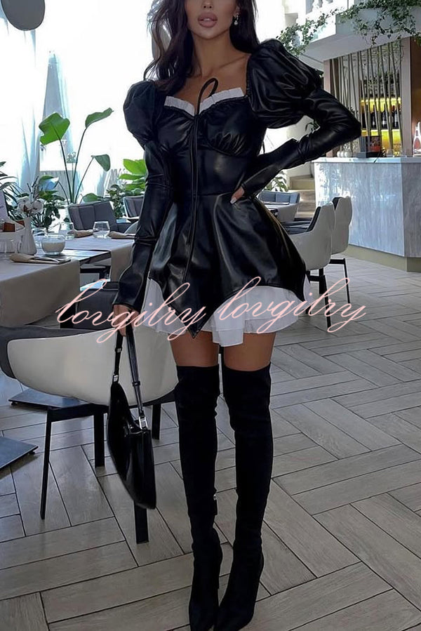 Fashionable Contrast Color Square Neck Long Sleeve Ruffle Hem Mini Dress