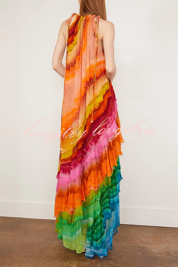 Rosha Georgette Crepe Tie-dye Print Layered Ruffles A-line Maxi Dress