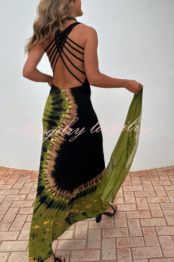 Summer Adventures Tie-dye Print Back Lace-up Stretch Maxi Dress