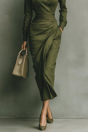 Solid Color Lapel Long Sleeve Pocket Slim-fit Asymmetrical Midi Dress