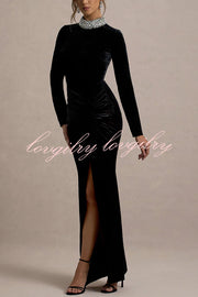 Love Lost Velvet Embellished High Neck Long Sleeve Twist Slit Maxi Dress