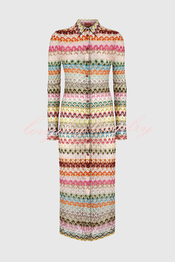 Anna Knit Colorful Herringbone Print Shirt Neck Button Long Sleeve Slim-fit Long Cardigan