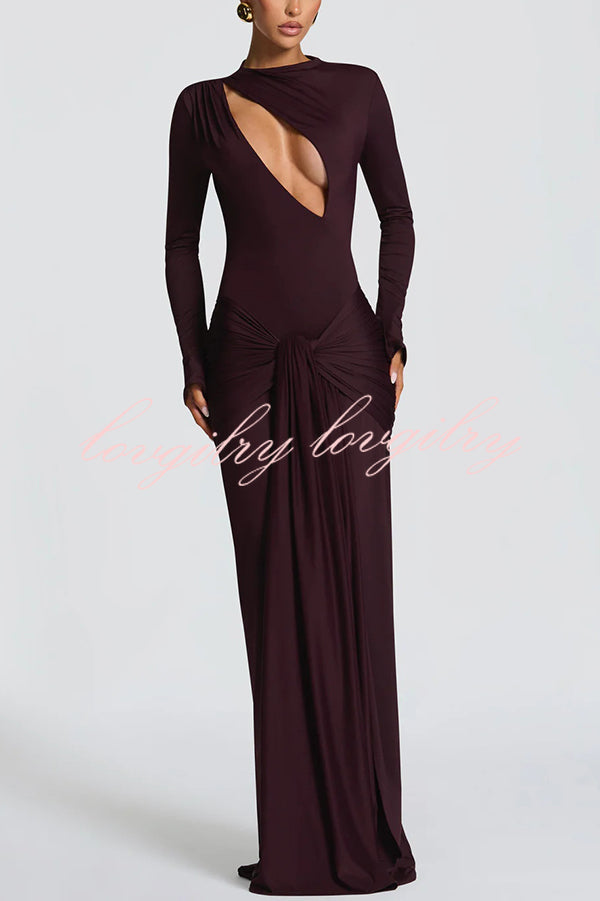 Sexy Cutout Fitted Long-sleeved Pleated Satin Ribbon Maxi Dresses