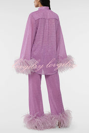 Glitter Fabric Feather Trim Long Sleeve Button Top and Elastic Waist Loose Straight Pants Set