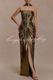 Clemence Plisse Metallic Fabric Reverse Halter Beck Strap Drape Slit Maxi Dress