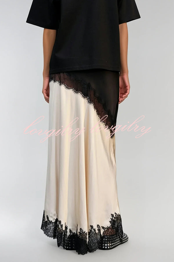 Party Focus Contrast Color Satin Lace Trim Elastic Waist Front Slit Maxi Skirt