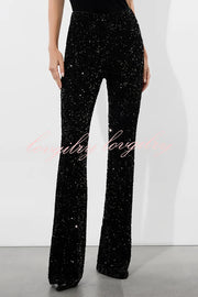 Sparkle Season Sequin High Rise Elastic Waist Stretch Flare Party Pants