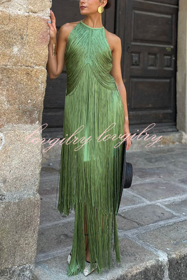 Fashion Sleeveless Halter Neck Elegant Tassel Slim Maxi Dress