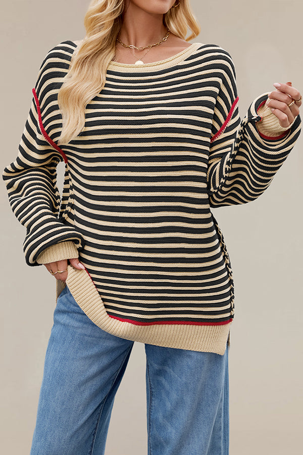 Striped Knit Loose-fitting Crew Neck Long-sleeved Casual Sweater