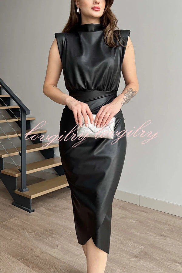 Elouise Faux Leather Turtleneck Shoulder Pads Ruched Slit Midi Dress