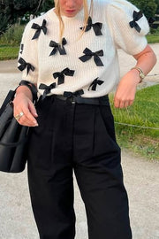Stylish Bow Decoration Round Neck Puff Sleeve Casual Knit Sweater