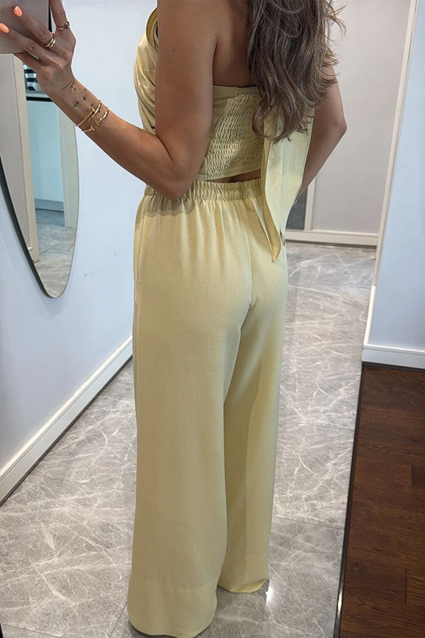 Noellie Cross Halter Neck Smocked Tank and Elastic Waist Pocketed Wide Leg Pants Set