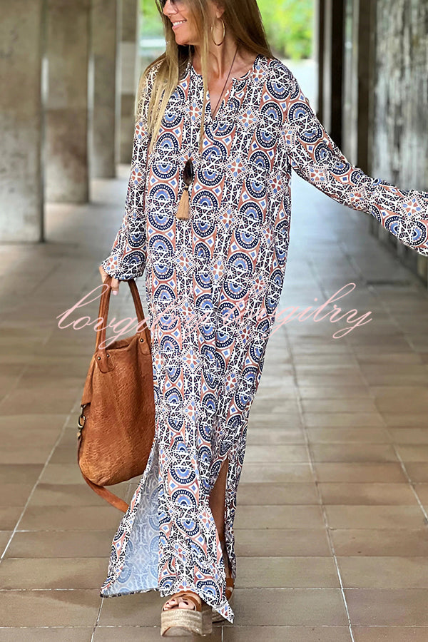 Unique Printed Long Sleeve V-neck Loose Maxi Dress