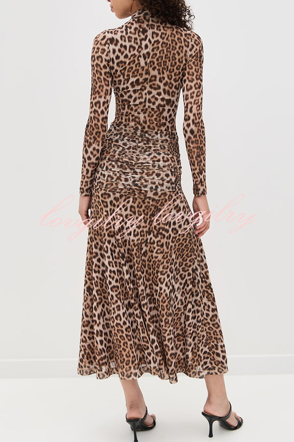 Revina Mesh Leopard Print Mock Neck Gathered Waist Long Sleeve Stretch Midi Dress