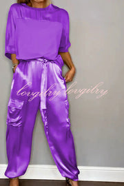 Calissa Smooth Satin Half-sleeved Top and Elastic Waist Pocket Pants Set