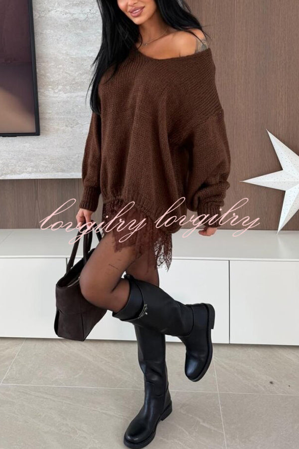 Comfy and Sweet Knit Lace Patchwork Hem Wide Neck Long Sleeve Loose Sweater