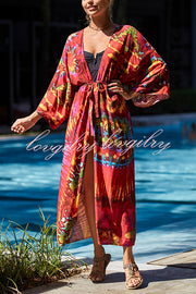 Unique Print Loose Lace Up Holiday Maxi Cover Up