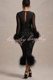 Glamor and Drama Mesh Sequin Patchwork Feather Trim Stretch Midi Dress