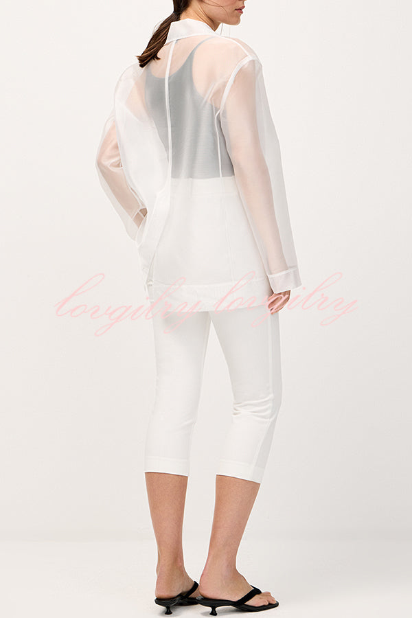 Simple and Light See-through Fabric Tie-up Long Sleeve Pocket Lapel Blazer