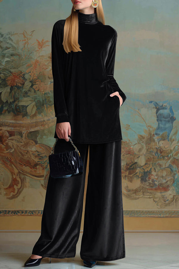 Solid Color Velvet Turtleneck Long-sleeved Loose Top and Elastic Waist Pocket Casual Wide-leg Pants Set
