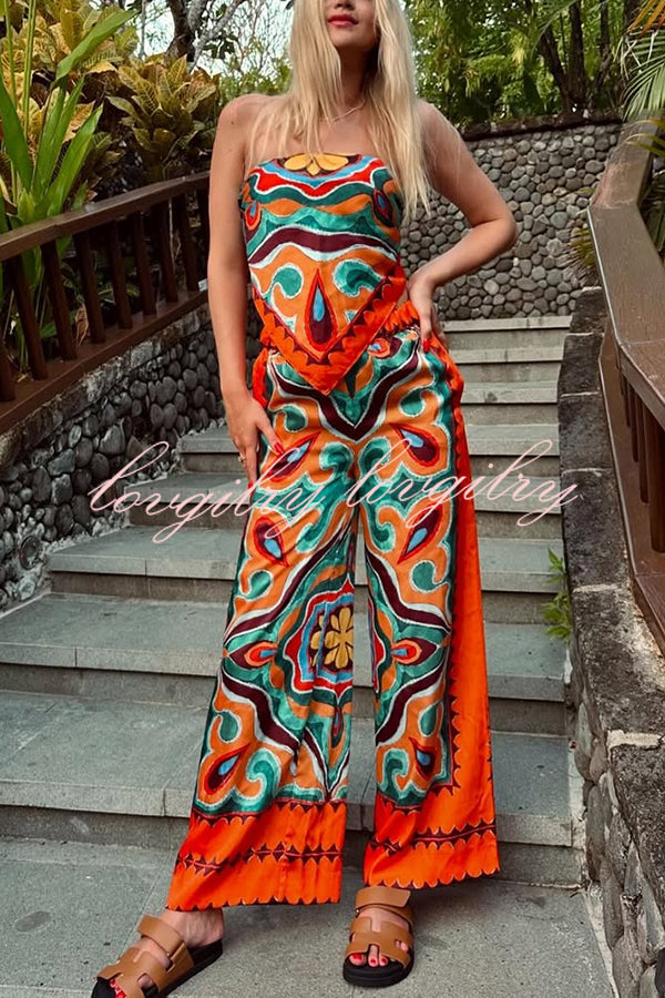 Ethnic Style Unique Print Tube Top and Elastic Waist Casual Pocket Wide Leg Pants Set
