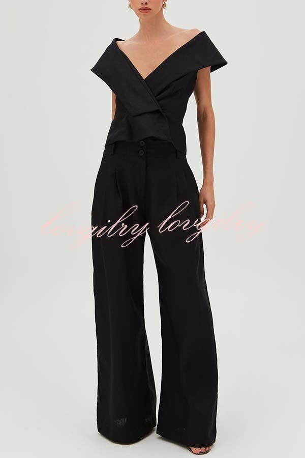 Velena Linen Blend Button Up Lapel Top and High Rise Pocket Wide Leg Pants Set
