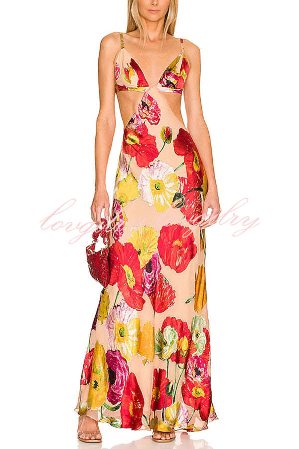 Hawaiian Dreams Satin Floral Print Cutout Backless Maxi Dress