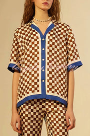 Olivia Satin Checkerboard Colorblock Print Shirt and Elastic Waist Pocketed Loose Pants Set