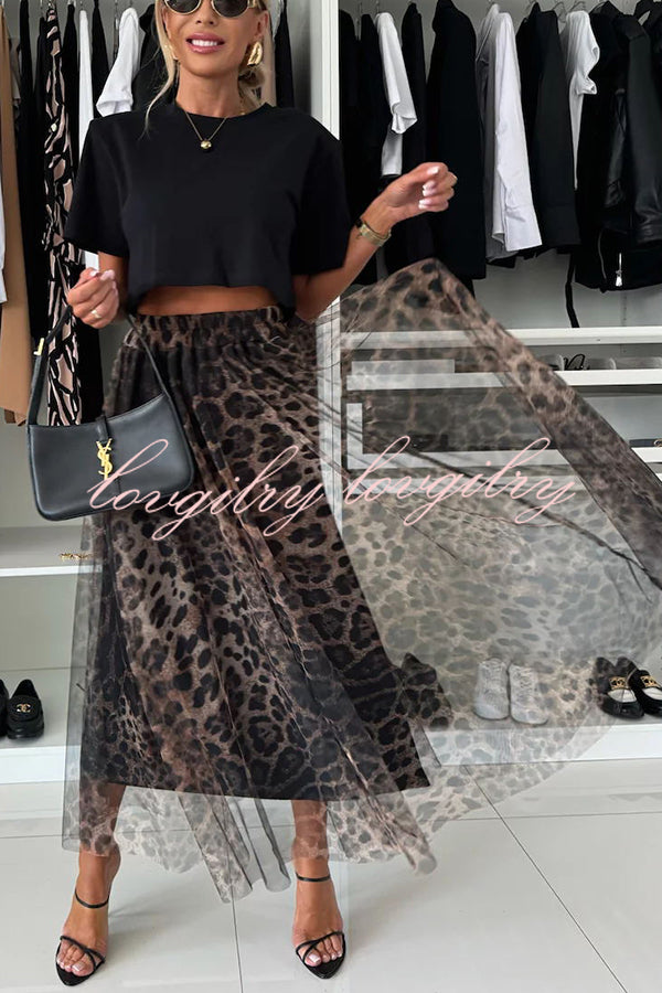 Autumn Jungle Tulle Leopard Print Elastic Waist A-line Maxi Skirt