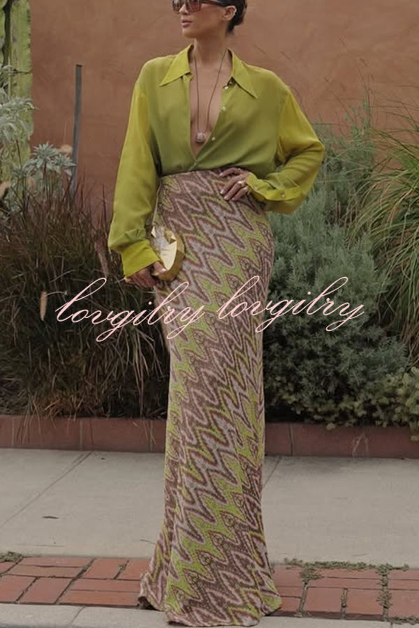 Moonlit Waltz Gradient Print Button Up Long Sleeve Loose Blouse