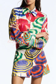 Elouise Satin Color Block Art Print Long Sleeve Button Back Elastic Waist H-line Mini Dress