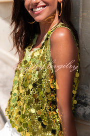 Fashionable Sequined Round Neck Sleeveless Loose Vest