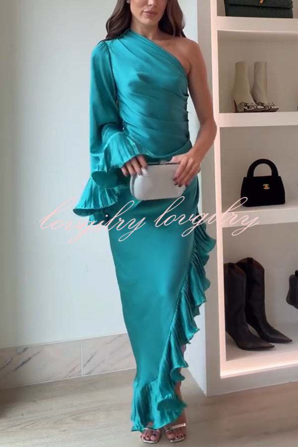 Elegant Satin One Shoulder Sleeve Pleated Ruffles Trim Ruched Asymmetrical Maxi Dress