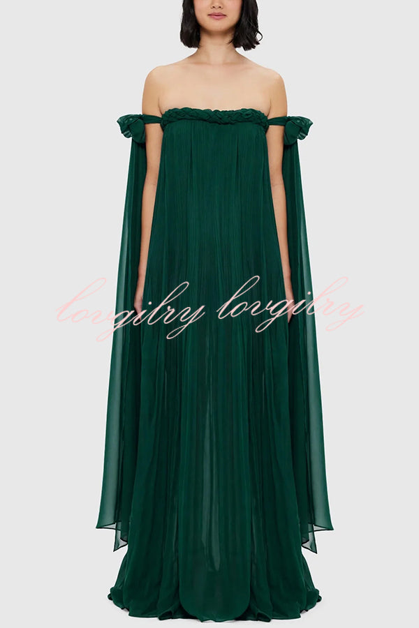 Fairy Spirit Tulle Braided Neckline Tie Arm Straps Pleated Maxi Dress