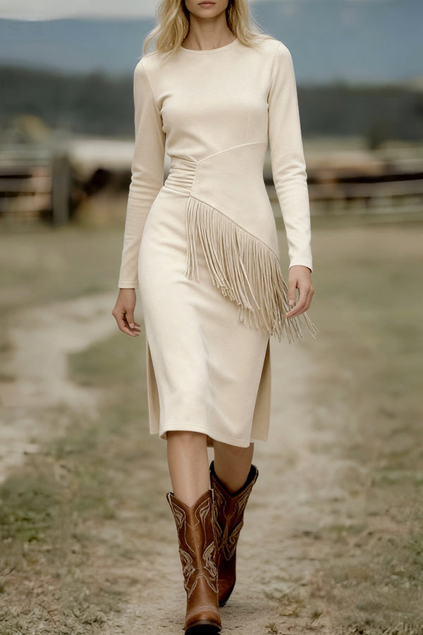 Solid Color Round Neck Long-sleeved Suede Slim-fit Tassel Midi Dress