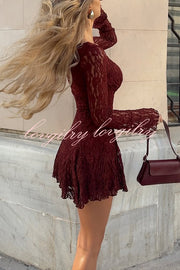 Fashionable Lace Long-sleeved V-neck Slim-fit Mini Dress