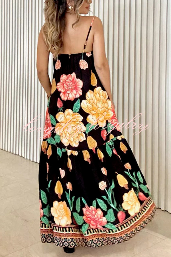 Floral Print Halter Back Loose Pocket Full Hem Maxi Dress