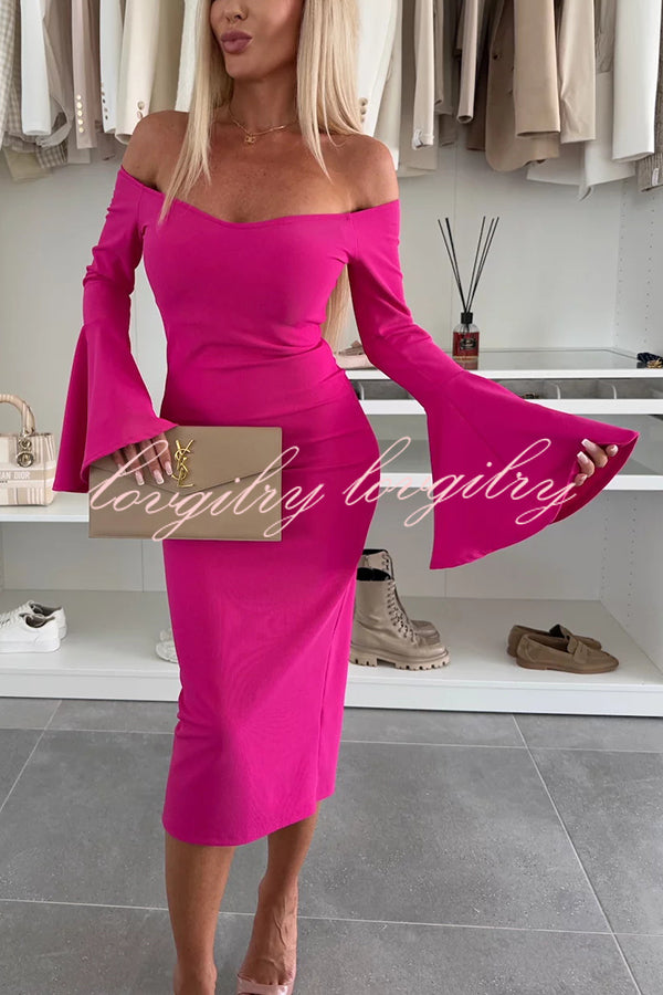 Solid Color Sexy Off-shoulder Trumpet Sleeve Slim Midi Dress