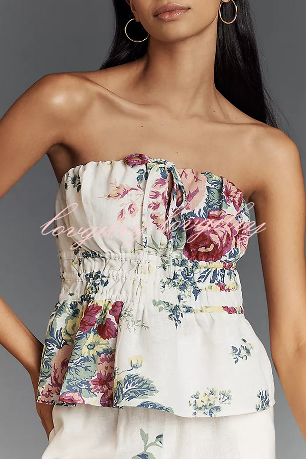 In To The Summer Linen Blend Floral Print Elastic Bandeau and Elastic Waist Pocket Loose Pants Set