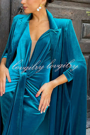 Olivienne Luxurious Velvet Padded Shoulders Slit Sleeve Lapel Midi Cape