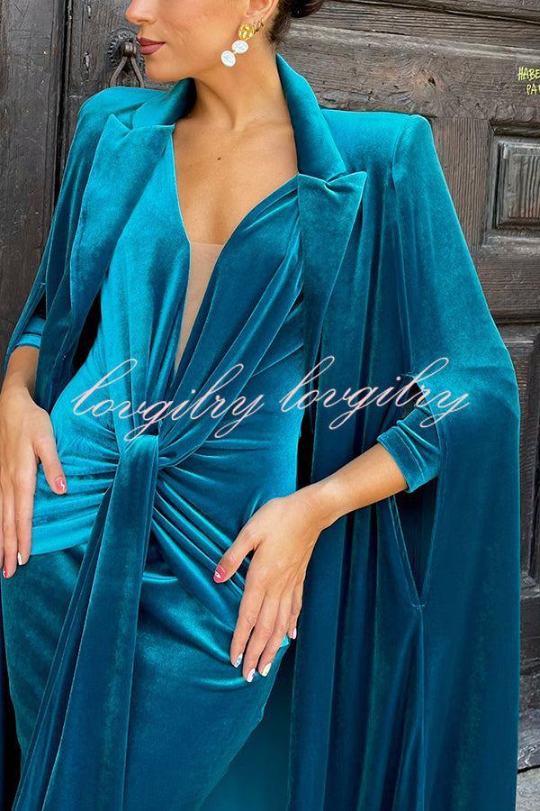 Olivienne Luxurious Velvet Padded Shoulders Slit Sleeve Lapel Midi Cape