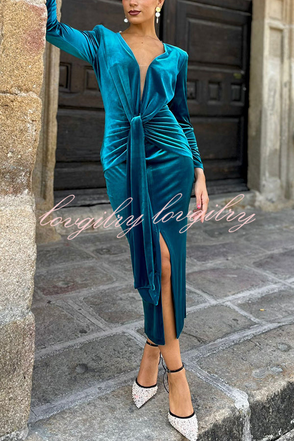 Elisabeth Luxurious Velvet Padded Shoulders Long Sleeve Twist Waist Drape Midi Dress