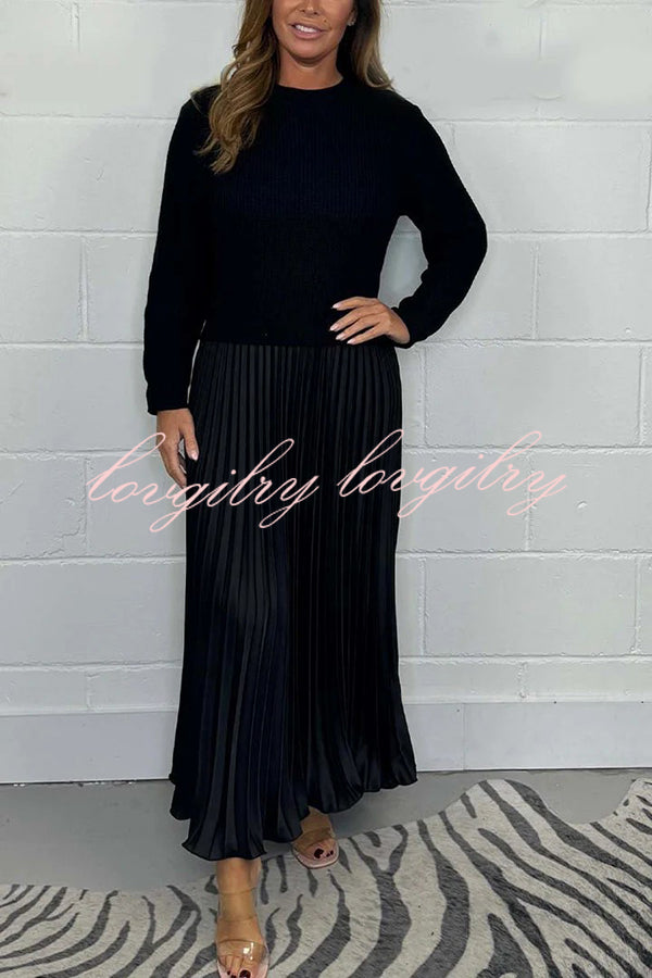 Stylish Knitted Round Neck Long Sleeve Patchwork Pleated Hem Maxi Dress